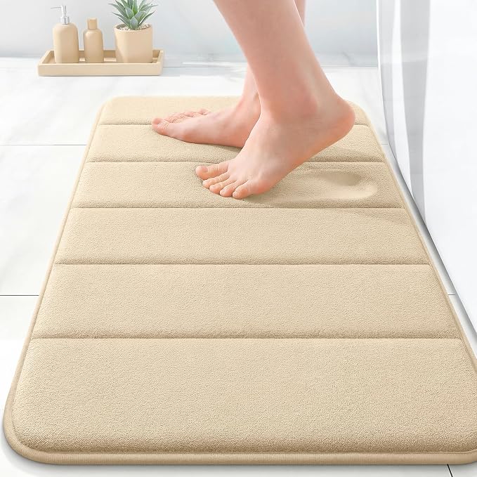 OLANLY Memory Foam Bath Mat 35x16, Super Soft and Absorbent Bathroom Rugs | Beige, Quick Dry Bath Rug, Machine Washable Shower Floor Mats, Bathmat Carpet for Bathroom Floor, Tub and Shower