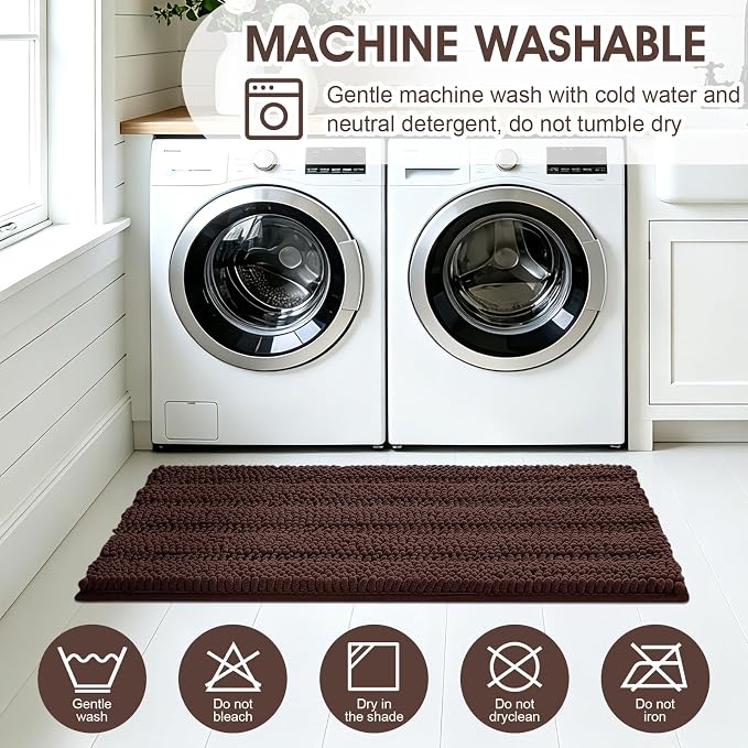 ACCUMTEK Striped Brown Bathroom Rug Set 3 Pieces Ultra Soft, Non Slip Chenille Toilet Mat, Absorbent Plush Shaggy Bath Mats for Bathroom, Bedroom, Kitchen