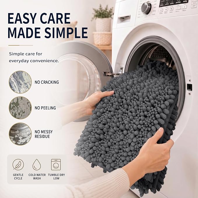 Yimobra Bathroom Rug Set 3 Piece, Super Absorbent Bath Mat Set, Dark Gray | Quick Dry Soft Chenille Bath Rugs & Toilet Rug, Non Slip Machine Washable, Extra Thick Shaggy Floor Mat for Shower Tub Sink