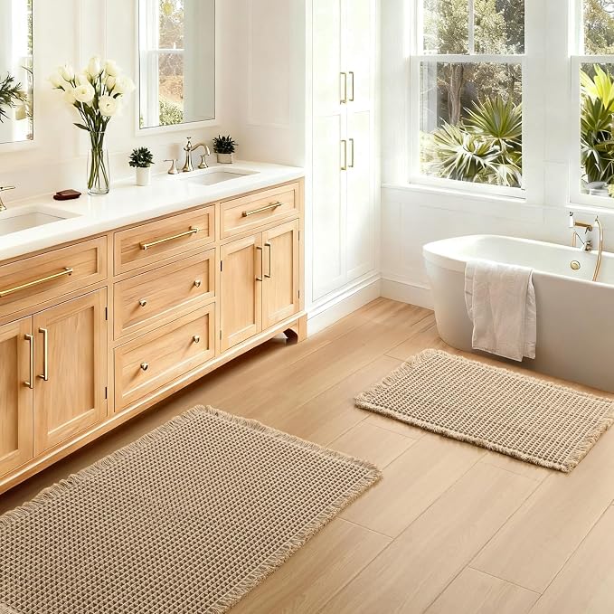 JIUZHEN Set of 2 Waffle Bath Mats Boho Bath Rugs 16"x24"+20"x32", Brown | Non Slip, Super Absorbent, Washable, Ultra Soft, Fast Drying Waffle Bathroom Rugs for Bathroom Floor, Tub, Shower