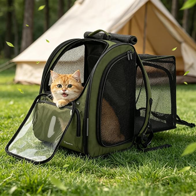Cat Backpack Carrier Expandable Pet Backpack for Cats & Small Dogs | Clear Cat Carrier Large Space Shaded Cat Bubble Backpack Breathable Pet Outdoor Backpack for Hiking Travel Vet Walk, Green