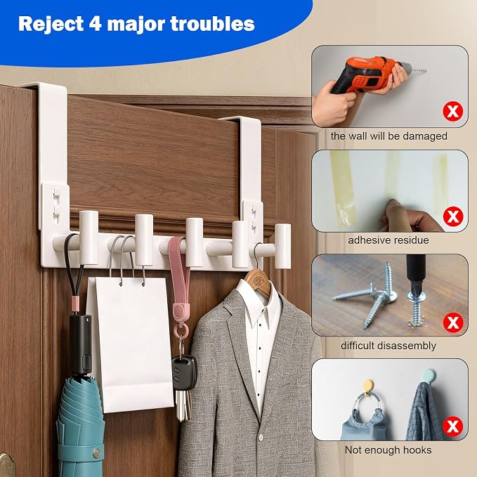 PMMASTO Over The Door Hooks, Fits 1-3/4" Thick Door No Drill Hooks for Closet Bathroom Bedroom Organization, Hanger for Coat Towel Robe (White, 5 T-Hooks)