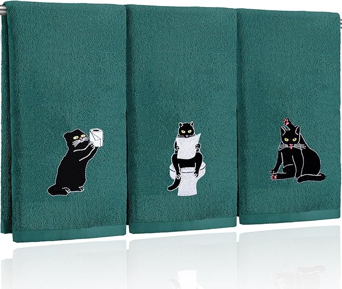 3 Pcs Cat Hand Towels for Bathroom Decor | Embroidered Black Cat Design, 100% Cotton, Halloween Bathroom Kitchen Decor, Absorbent Towels, Holiday Housewarming Gifts