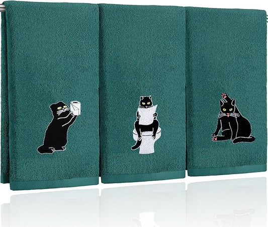 3 Pcs Cat Hand Towels for Bathroom Decor | Embroidered Black Cat Design, 100% Cotton, Halloween Bathroom Kitchen Decor, Absorbent Towels, Holiday Housewarming Gifts