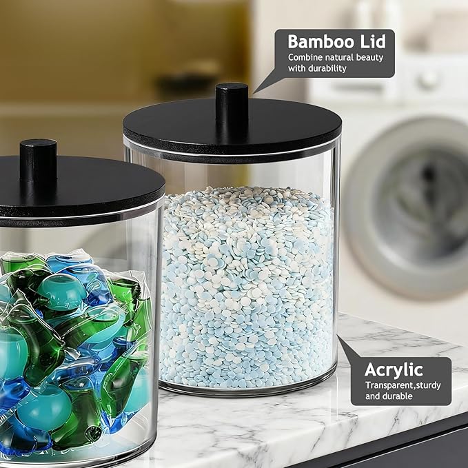 SheeChung 2 Pack 50oz Matte Black Bamboo Lid Apothecary Jar, Modern Laundry Pods Container, Industrial Organization & Storage Jar, Shatterproof Plastic Canister for Scent Beads with Stickers & Spoon