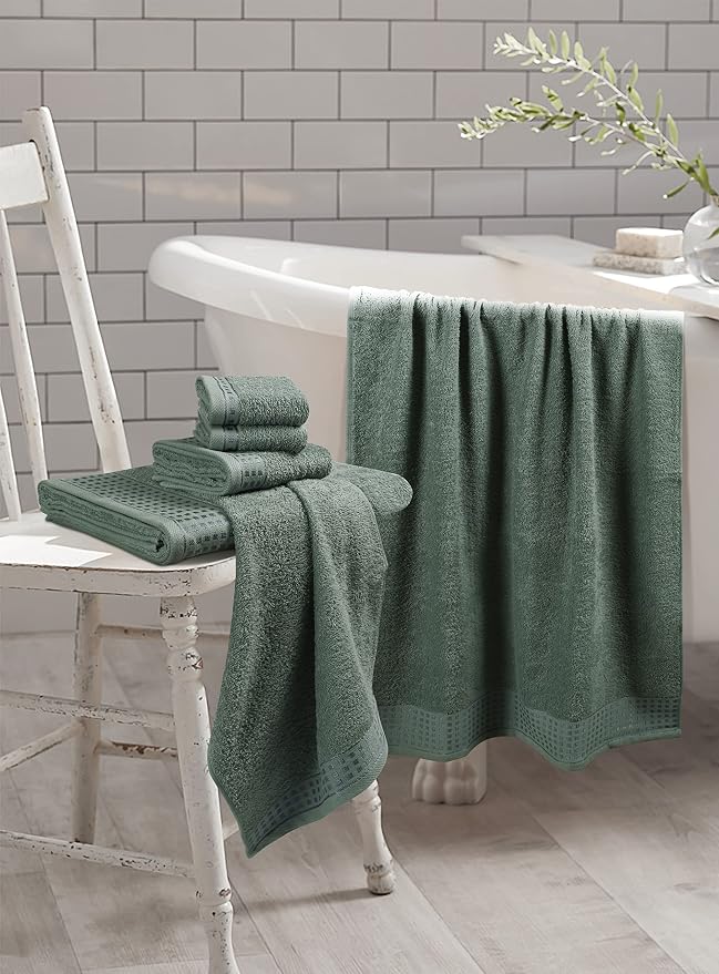 GLAMBURG 100% Cotton Ultra Soft 6 Pack Towel Set, Contains 2 Bath Towels 28x55 Inches, 2 Hand Towels 16x24 Inches & 2 Wash Coths 12x12 Inches, Compact Absorbent Lightweight & Quickdry - Jade