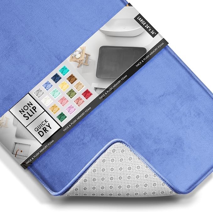 Clara Clark Bathroom Rugs, Velvet Memory Foam Bath Mat, Non-Slip Bath Rugs, Machine Wash, Dries Quickly, Ultra Soft Plush Bath Mats for Bathroom, 24 x 36, Calm Blue