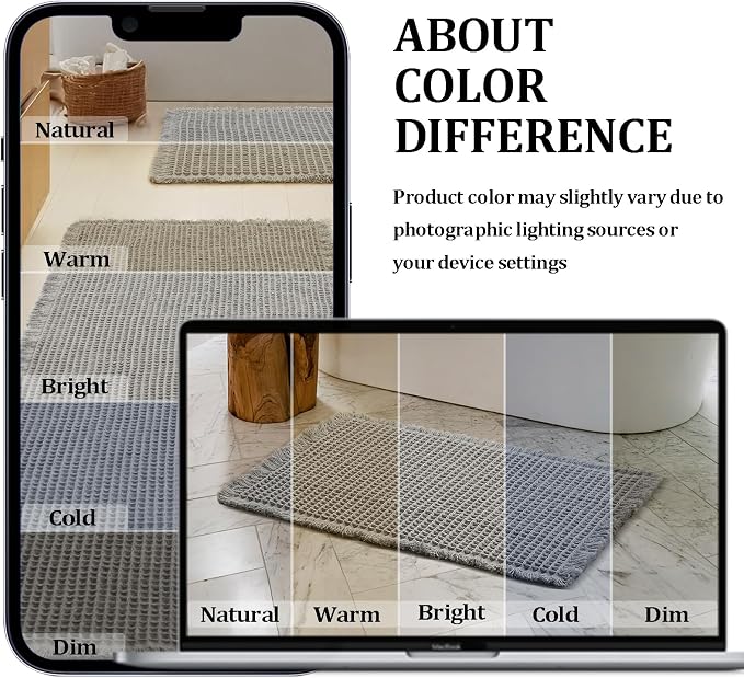JIUZHEN Set of 2 Waffle Bath Mats Boho Bathroom Runner Rug 20"x32"+24"x60" | Grey, Non Slip, Super Absorbent, Washable, Ultra Soft, Fast Drying Bath Rug and Bathroom Runner for Kitchen Hallway Laundry