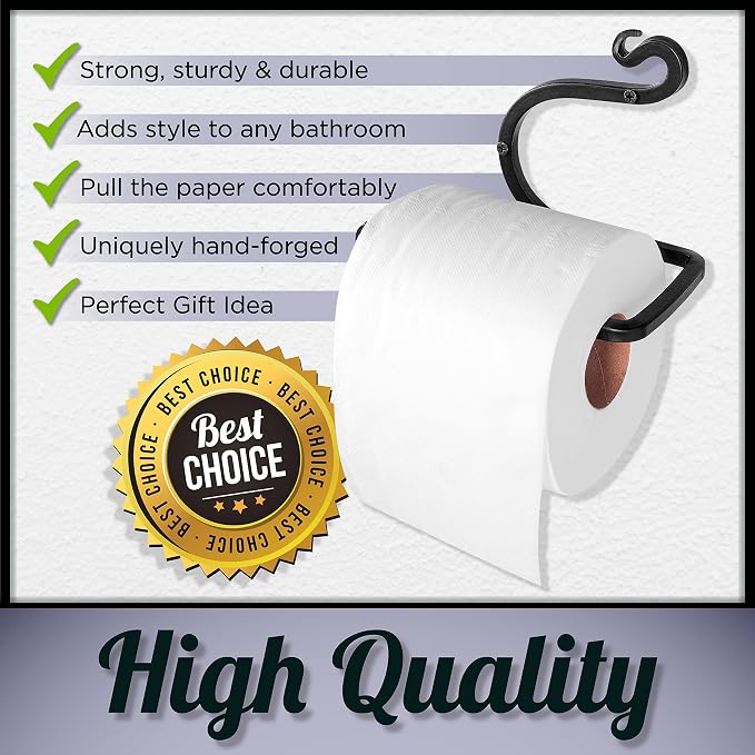 Blacksmith Handmade Toilet Paper Holder - Wrought Iron Rustic Wall Mount Tissue Holder for Bathroom, Toilet Paper Roll Holder for Farmhouse Style Homes & Vintage Houses - Black, 6 x 4.4 Inches
