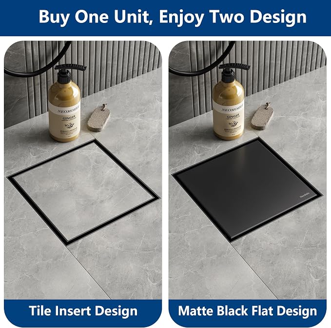 Neodrain Square Shower Drain with Removable Tile Insert Grate,304 Stainless Steel, CUPC Certified, Includes Hair Strainer (Matte Black, 8 in)