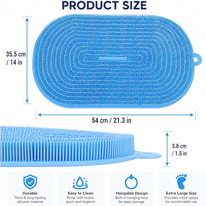 21.3" Silicone Foot & Back Scrubber Mat, Non-Slip Suction Cups Blue | Strong Suction Cups, Non-Slip,Large, Silicone, Easy-Clean, Hangable