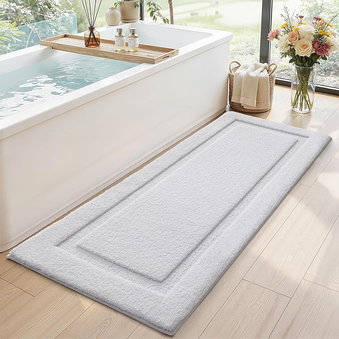LUMI Ultra Soft Bathroom Runner Rugs, Non Slip Bath Mat 24x60, White | Machine Washable with Rubber Backing, Quick Dry, Premium Microfiber Carpet for Bathtub and Shower Floor