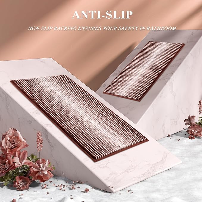 Bathroom Rugs Sets 2 Piece, Non Slip Striped Bath Mat, Burgundy Red | 20"x47" Plus 16"x24", Soft Absorbent Chenille, Quick Dry Machine Washable, Shower Rug for Bathroom Floor, Tub, Bedroom Decor