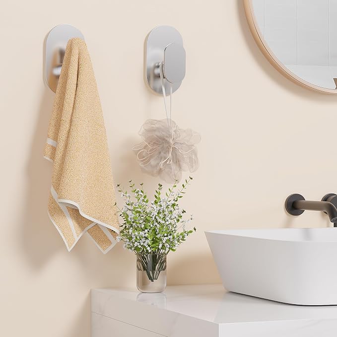 Aikzik Adhesive Towel Hooks - 4 Pack 26LB Heavy Duty Wall Sticky Waterproof Hooks for Hanging Coat, Towel, Robe, Wall Mount for Bathroom or Kitchen (Silver, Stainless Steel)