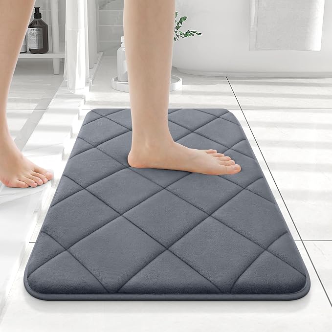 OLANLY Memory Foam Bath Mat 24x16, Ultra Soft and Absorbent Bathroom Rugs | Dark Grey, Quick Dry, Machine Washable Shower Bath Rugs, Comfortable Bath Carpet for Bathroom Floor, Tub and Shower