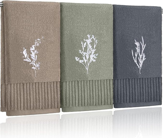 3 Pcs Boho Botanical Hand Towels Bathroom Kitchen Decor | Embroidered Boho Botanical Design, 100% Cotton, Retro Bathroom Kitchen Decor, Absorbent Towels, Holiday Housewarming Gifts