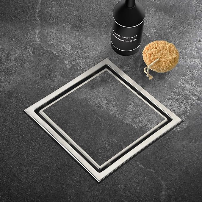 6-Inch Square Shower Drain, Brushed Nickel Floor Drain with Flange, 304 Stainless Steel Bathroom 2-in-1 Tile Drain