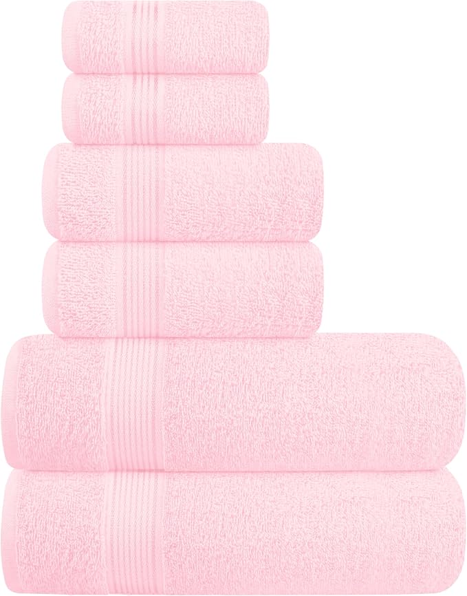 Ultra Soft 6 Pack Cotton Towel Set, Contains 2 Bath Towels 28x55 inch, 2 Hand Towels 16x24 inch & 2 Wash Coths 12x12 inch, Ideal Everyday use, Compact & Lightweight - Pink