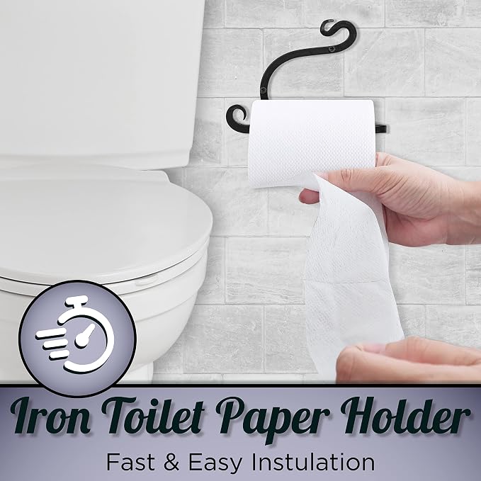 Blacksmith Handmade Toilet Paper Holder - Wrought Iron Rustic Wall Mount Tissue Holder for Bathroom, Toilet Paper Roll Holder for Farmhouse Style Homes & Vintage Houses - Black, 6 x 4.4 Inches