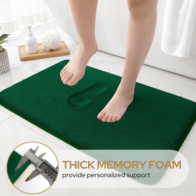 HOMEIDEAS 3 Piece Bathroom Rugs Set, Dark Green 17"x24"+20"x32"+20"x24" | Memory Foam, Ultra Soft, Super Absorbent Bath Mats, Non Slip Backing, U Shaped Toilet Rug for Bathroom, Tub and Shower