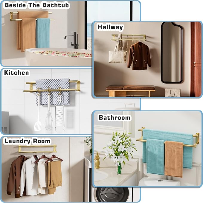 Alise Double Towel Bars for Bathroom Wall Mounted,24 InchSUS304 Stainless Steel Bathroom Towel Holder,Towel Hanger Towel Racks for Bathroom,Brushed Gold Towel Rod