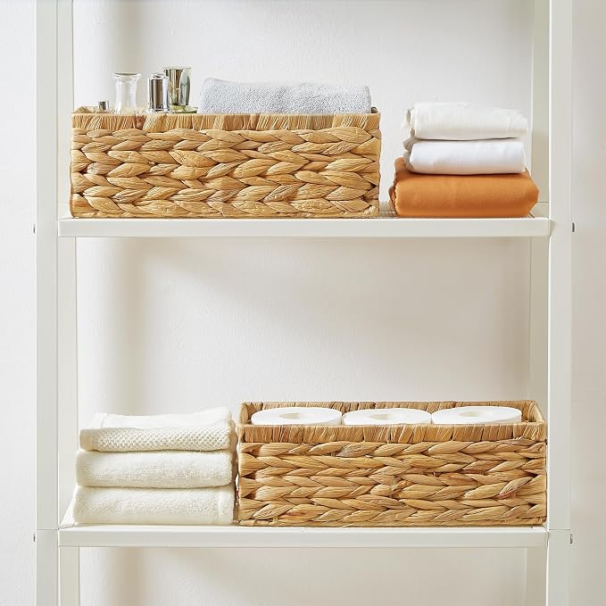 Vagusicc Water Hyacinth Wicker Storage Basket With Handles, Toilet Paper Basket for Tank Top, Small Baskets for Organizing Shelves, 2-Pack