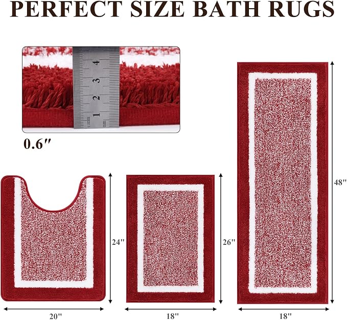Pauwer Bathroom Rugs 3 Piece Set, Non Slip Washable Bath Mat, Red | Soft Plush Microfiber, Super Absorbent Floor Carpet, U Shaped Toilet Mats, Quick Dry, Shaggy Shower Rugs Runners