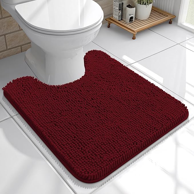 OLANLY Toilet Rugs U-Shaped 20x20, Soft Absorbent Chenille Contour Rugs | Burgundy, Quick-Drying Rubber Backing, Machine Washable Non-Slip Shaggy Bathroom Mat for Toilet, Home Decor Accessories