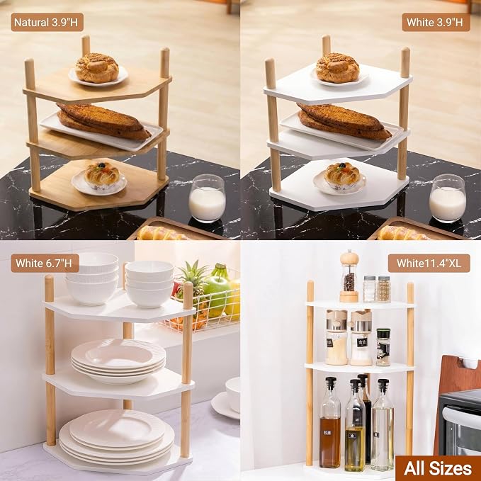 3-Tier Expandable Bamboo Corner Shelf - Dish/Plate Organizer for Cabinet, Kitchen Counter Shelf & Small Kitchen Shelf, Adjustable (Natural, 1-Pc 6.70" H)