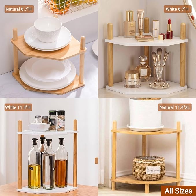 2-Tier Expandable Bamboo Corner Shelf - Dish/Plate Organizer for Cabinet, Kitchen Counter Shelf & Small Kitchen Shelf, Adjustable (6.7" H-Natural, 2-Tier)