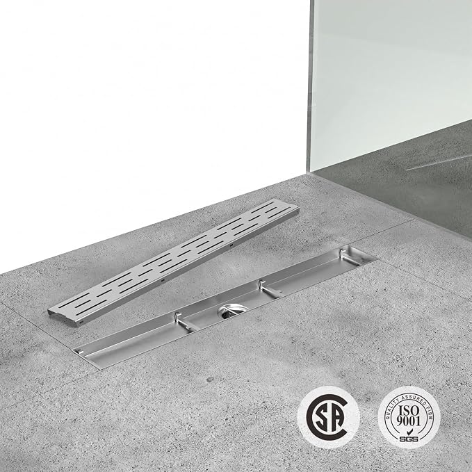 ELLO&ALLO 28 Inch Linear Shower Drain Brushed Nickel, SUS304 Stainless Steel Rectangle Shower Floor Drain with Removable Pattern Grate