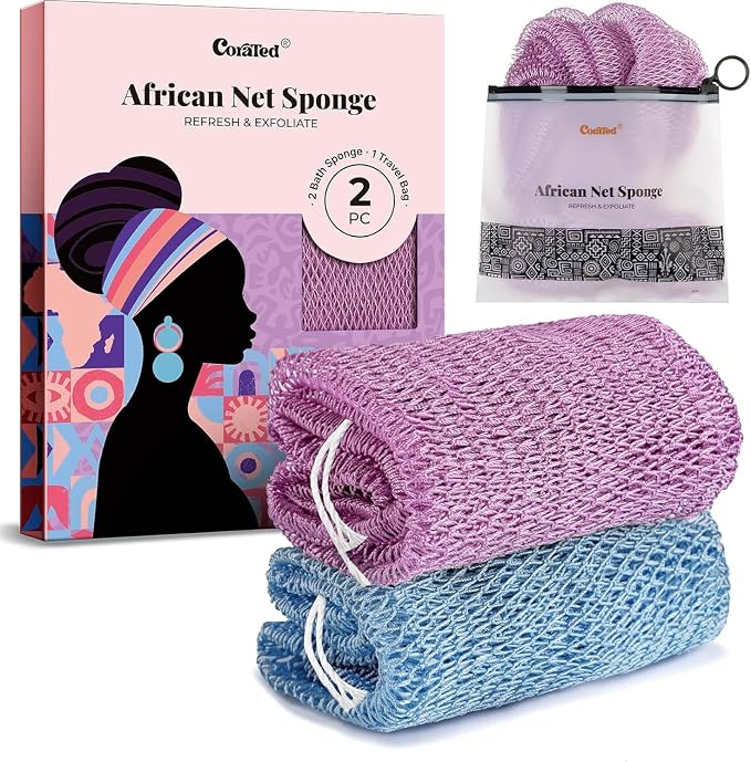 CORATED African Net Sponge with Knots Authentic, Shower Loofah Bath Sponge | Exfoliating Body Scrubber for Women Daily Use Body Care, Travel Portable Bath Accessories for Bathroom