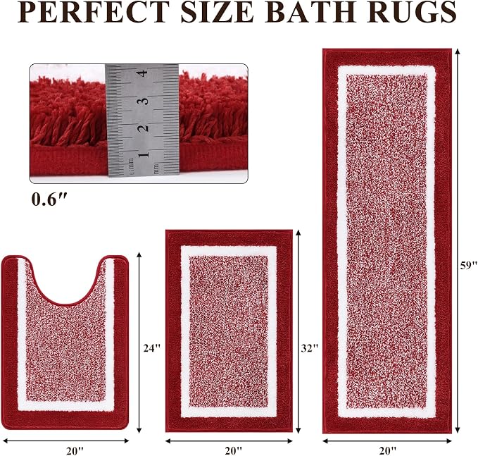 Pauwer Bathroom Rug Sets 3 Piece, Non Slip Washable Bath Mat, Red | Soft Plush Microfiber, Super Absorbent Floor Carpet, U Shaped Toilet Mats, Quick Dry, Shaggy Shower Rugs Runners