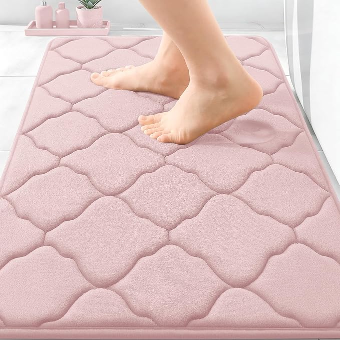 OLANLY Memory Foam Bath Mat Rug 30x20, Ultra Soft Bathroom Rugs, Pink | Thick Absorbent Carpet, Non-Slip Backing, Machine Washable, for Bathroom Floor, Tub, Shower and Home Decor Accessories
