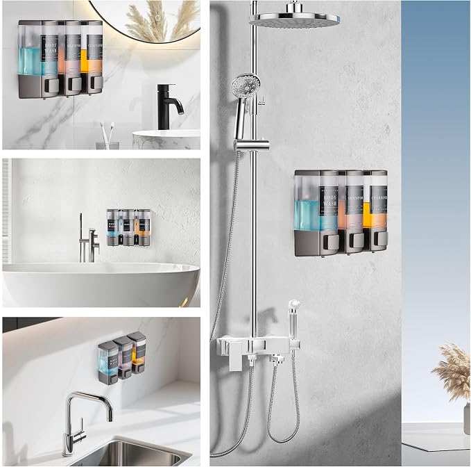 Shower Shampoo Dispenser 3 Chamber No Drill, Grey | Wall Mounted, Large Capacity 3×16.9oz, ABS Plastic Material, Refillable With Labels, For Bathroom Hotel