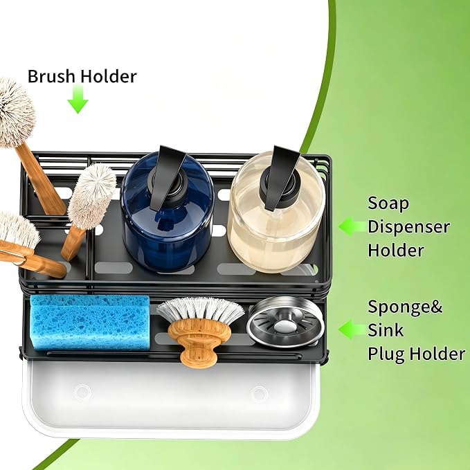 Cisily Sponge Holder for Kitchen, Sink Caddy Organizer, Kitchen Sink Accessories with Drip Tray, Rustproof and Non-slip Kitchen Sink Sponge Holder (Black)