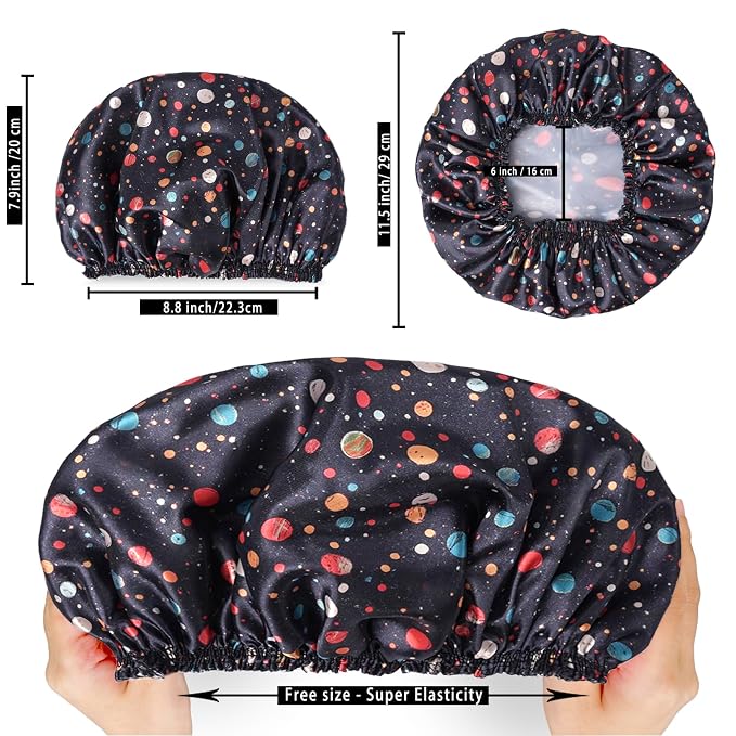 Shower Caps for Women, 4 PCS Reusable Waterproof Bath Cap | Double Layer, Washable, Wide Elastic Band, Holds Long Hair, Caps for Bath Accessories, Spa, Travel Home - Polka Dots