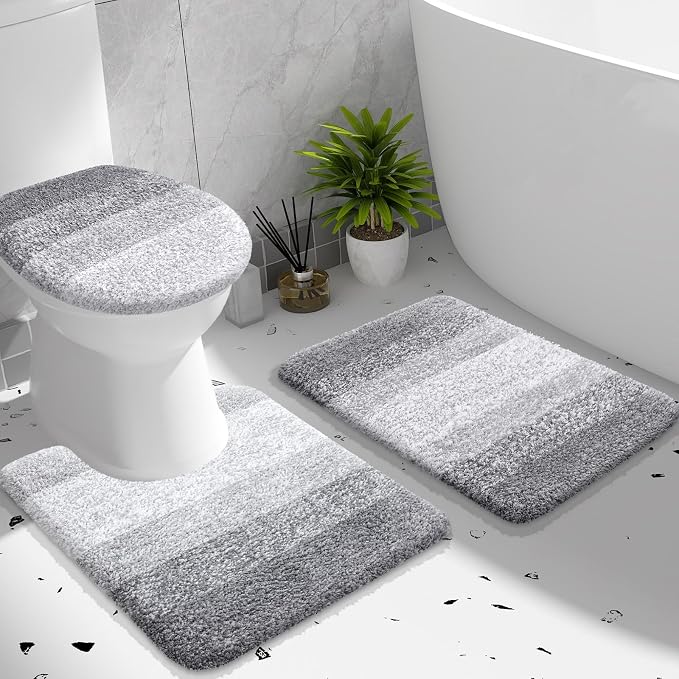 OLANLY Bathroom Rugs Sets 3 piece, Soft Microfiber Absorbent Bath Mat, U-Shaped Contour Toilet Mat and Toilet Lid Cover, Quick Dry, Machine Washable, Toilet Cover and Rug Set for Bathroom, Light Grey