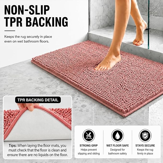 Bathroom Rugs Sets 2 Piece,Super Absorbent Soft,Thick,Machine Washable Chenille Bath Mat,Non Slip Toilet Floor Rug,Bath Mats for Bathroom,20x32 Plus 20x20 U Shape,Dusty Rose