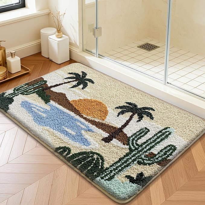 Bathroom Rug Mat, Desert Oasis Sunset Fluffy Rug with Cactus & Palm Tree, Ultra Absorbent Microfiber Shaggy Door Mat, Quick Dry Bath Rug Carpet for Toilet Bathtub Bedroom 20x31 Inch (Brown)