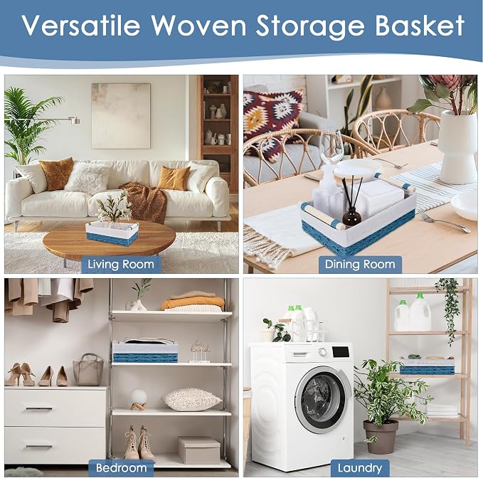 Wicker Storage Basket with Wooden Handle 2 Pack–Paper Rope Decorative Toilet Paper Baskets & Bathroom Organizer for Toilet Tank Top, Shelves, Bedroom, Countertop,Home,Office Storage Bins,Dusty Blue