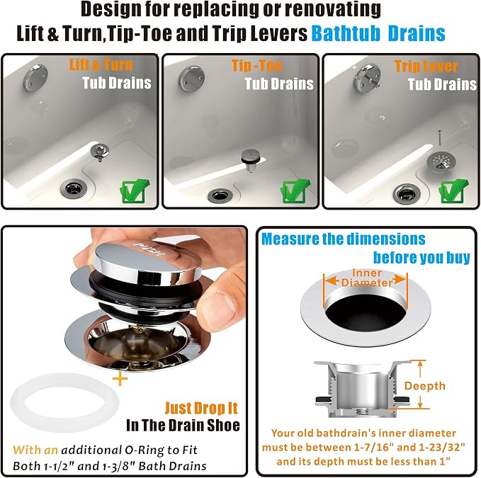 Artiwell Universal Tip Toe Bath Drain Stopper and Cover, Bathtub Drain Stopper, Replaces Lift and Turn, Tip-Toe and Trip Lever drains for Tub, EZ Installation and Clearing (Chrome Plated)