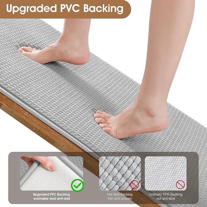Memory Foam Bath Mat Set 3 Piece, Ultra Soft Absorbent Waffle Bathroom Rugs, Super Non-Slip PVC Backing Bath Rug Quick Dry, Machine Washable Rug for Tub, Shower, Home Decor Accessory, Light Gray