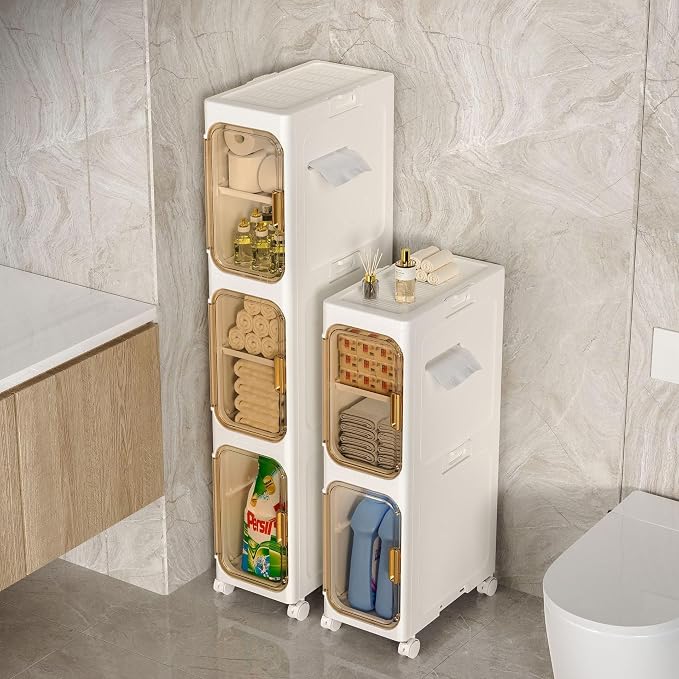 Slim Bathroom Storage Cabinet, Foldable & Movable Narrow Storage Organizer for Small Spaces, Bathroom, Kitchen, Laundry Room, Living Room (3-Tier)