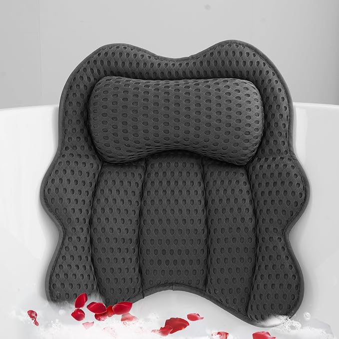 Bath Pillow for Tub, 4D Air Mesh Breathable Fabric, Soft Supportive Bathtub Cushion for Head Neck Back, Ergonomic Spa Pillow with Strong Suction Cups, Quick-Drying, Machine Washable (Gray)