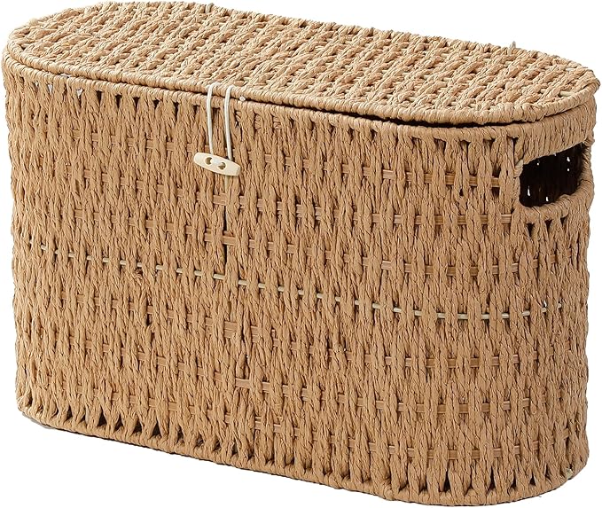 Coeusy Toilet Paper Storage Basket with Lid, Paper Rope Wicker Basket for Bathroom Organizers and Storage, Toilet Paper Holder for Up to 6 Mega Rolls, Boho Hand-Woven Decorative Decor, Natural