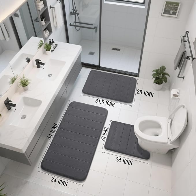 Yimobra 3 Pieces Memory Foam Bath Mat Set with U-Shaped Toilet Rug - Non Slip Super Soft Absorbent Quick Dry Bathroom Rugs for Bathtub, Vanity & Toilet Base, Dark Gray