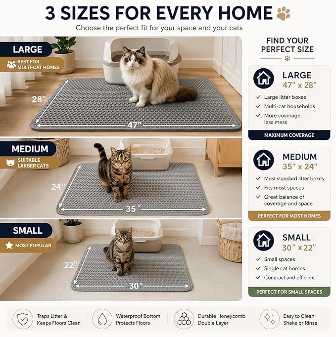 Cat Litter Box Mat,Double-Layer Honeycomb Litter Trap 30"x22" Gray | Catches Scattered Particles to Stop Tracking,Waterproof Design Urineproof Base Protects Floors, Easy to Clean, Indoor Cats