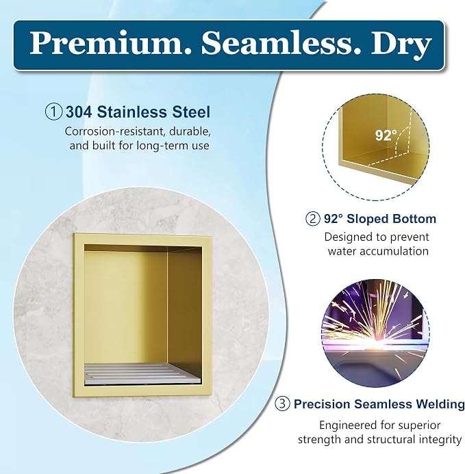 Neodrain Shower Foot Rest for Shaving Legs, 304 Stainless Steel Shower Niche, Recessed Shower Step for Shaving Legs,Niche for Shower Wall, Bathroom Foot Rest (Golden, 6.7" x 6")