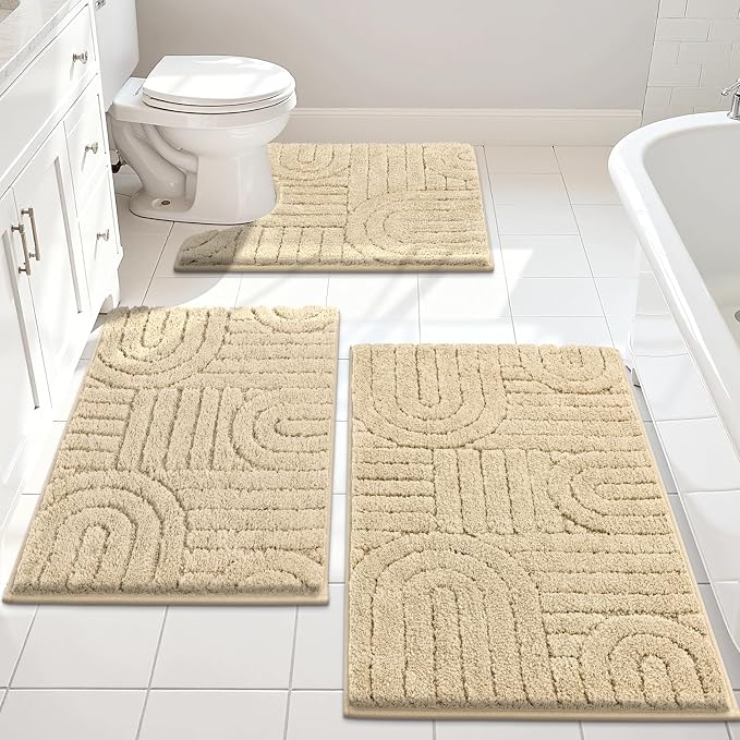 Vaukki Beige Bathroom Rugs Sets 3 Piece, 32x20+26x18+24x20 Inch | Washable Non Slip Soft Bath Mats for Shower and Tub, Plush Absorbent Microfiber Toilet Rug U Shaped
